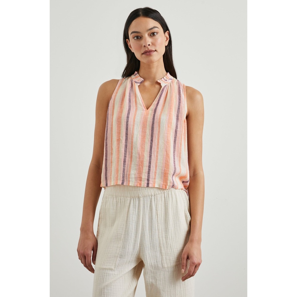 Rails Christy Papaya Stripe Linen Blend Ruffle Neck Sleeveless Top Large